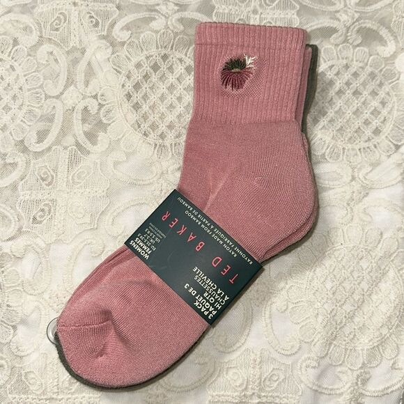 Ted Baker Pink Green Beige High Quarter Crew Floral Embroidery Stretch Socks 3pk - Picture 10 of 16